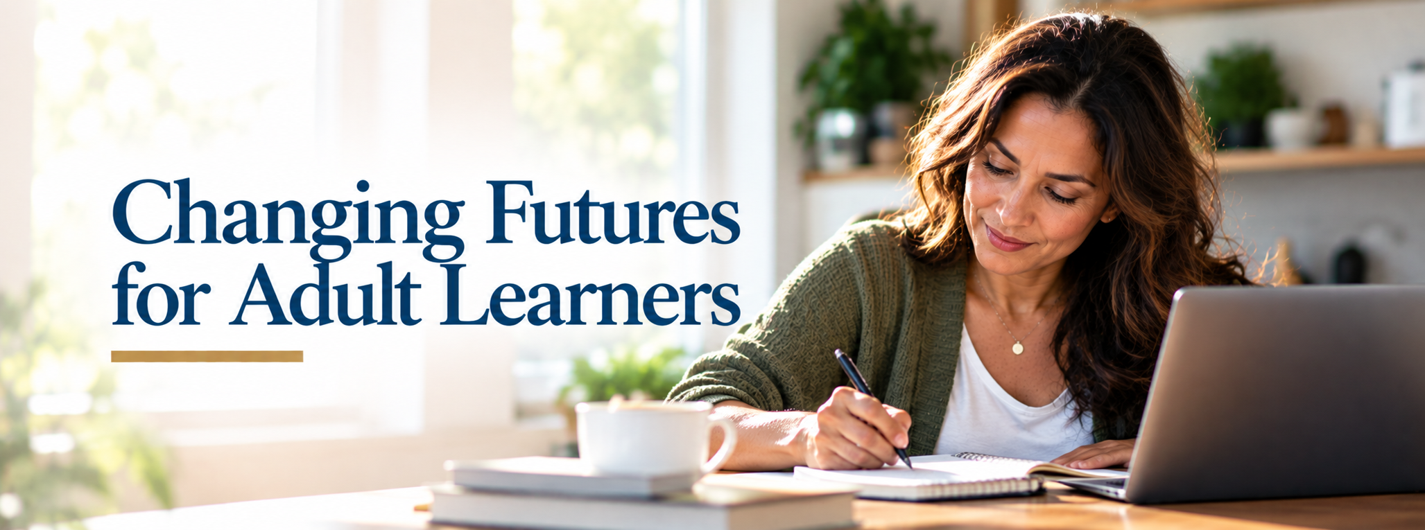Adult learner studying online with focus and determination